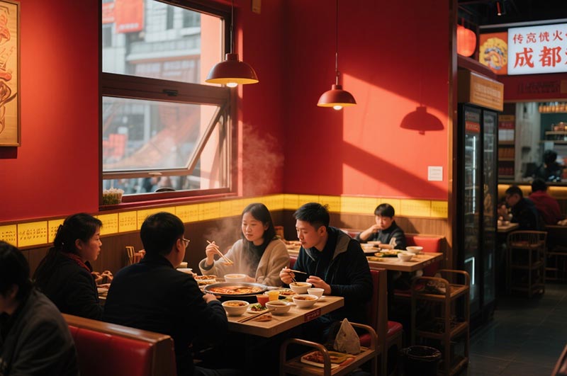 以紅、黃二色為例的川味火鍋店裝修效果圖
