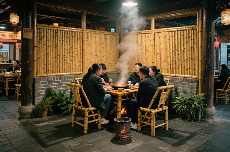 采用竹、木、青磚等傳統(tǒng)材質(zhì)的火鍋店裝修效果圖