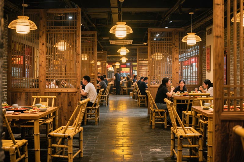 采用竹、木、青磚等傳統(tǒng)材質(zhì)的火鍋店裝修效果圖
